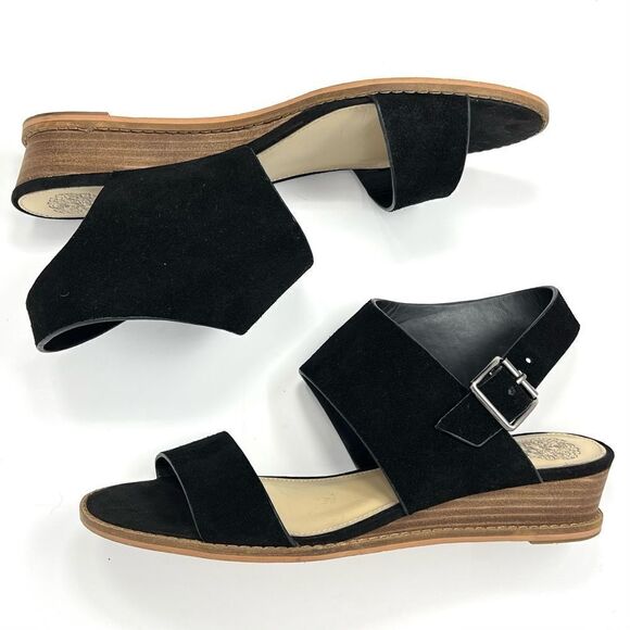 Vince Camuto Richelle Black Cow Split Suede Demi Wedge Sandal Size 10 - Picture 5 of 11